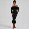 Women Black Off Shoulder Faux Fur Trim Long Sleeve Bodycon Dress Elegant Winter Slim Fit Evening Cocktail Club Wedding Guest Formal Party Gown