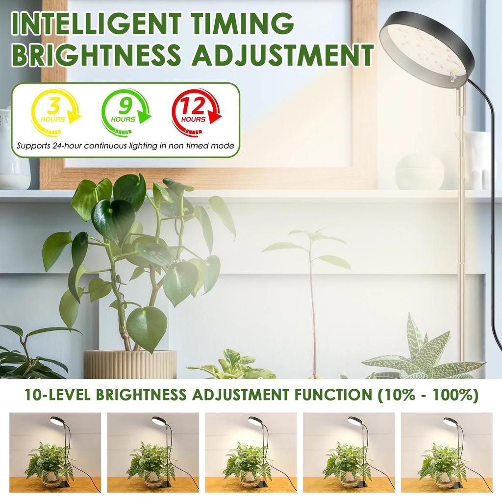 LED Pflanzenlicht Vollspektrum Pflanzenlampe Dimmbar 3 Modi Höhenverstellbar Zimmerpflanzen Licht 3/9/12H Timer 10-stufige Dimmung