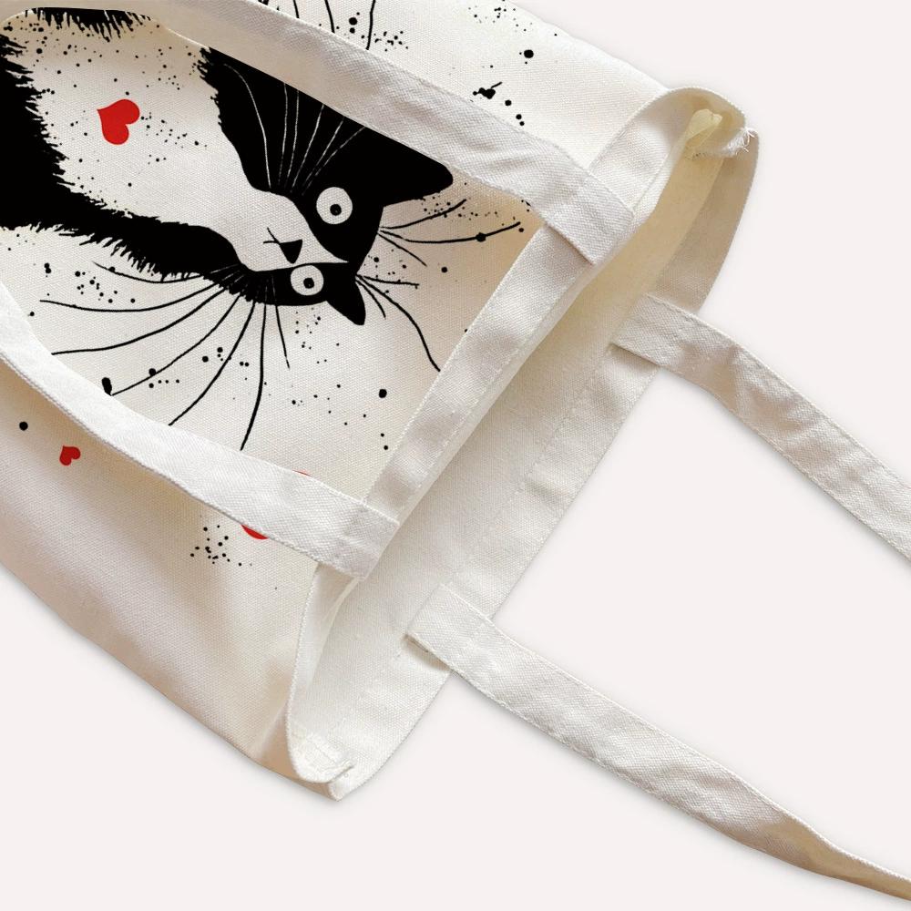 Black Cat Printed Canvas Bag Cartoon Tote Bag Shoulder Storage Bag Ladies Beach Bag Shopping Bag Travel Storage