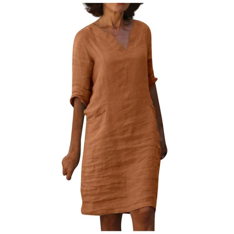 Retro High Waist V-Neck Cotton Linen Dress European American Style Solid Color Washed Wrinkled Fabric Three Quarter Sleeves