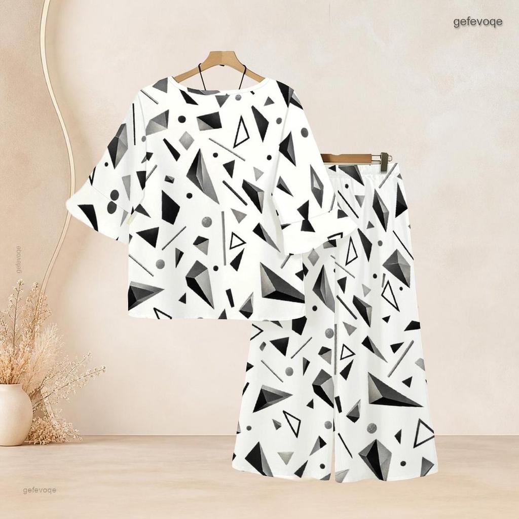 Women Plus Size Two Piece Set Round Neck Flared Half Sleeve Abstract Printed Black White Top And Long Pants