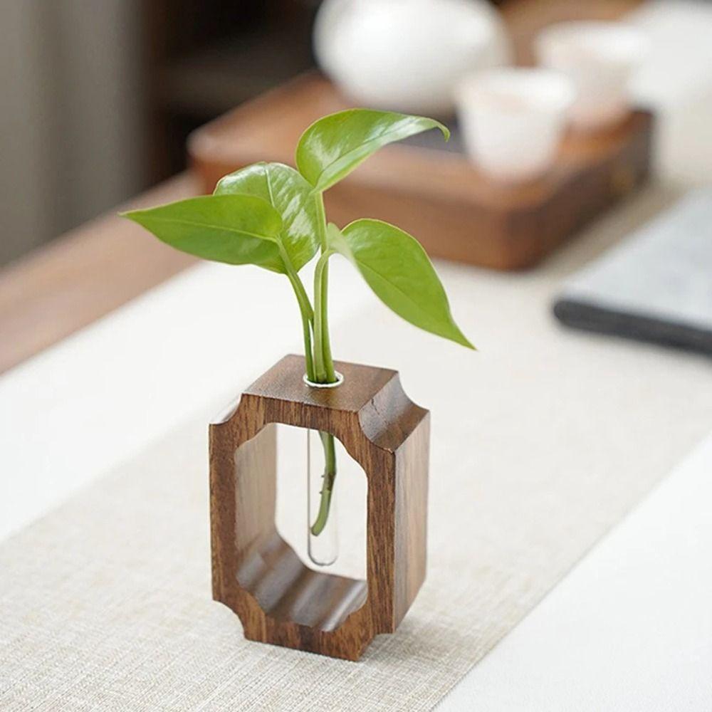 Vase Ornaments Solid Wood Flower Vase Test Tube Shape Glass Vase  for Home Desktop Decoration