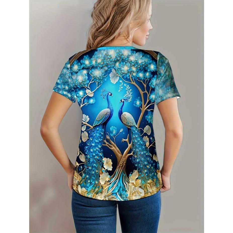 Women's Floral & Butterfly Print Casual T-Shirt - Short Sleeve Round Neck Breathable for All-Season Wear, Ladies T Shirts