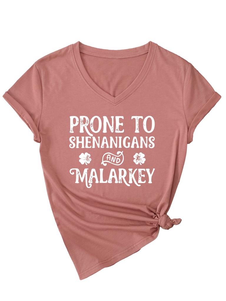 Fashionable and Versatile Prone To Shenanigans Printed Top V-neck Short Sleeved Women's T-shirts