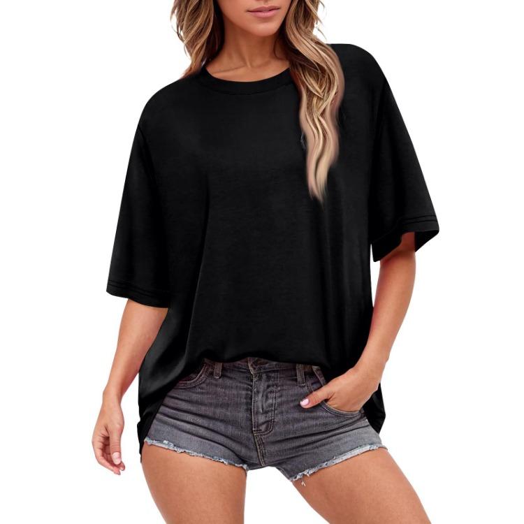 Women Summer Fashion Solid Color T Shirts Loose Scoop Neck Short Sleeve Tops Blouse