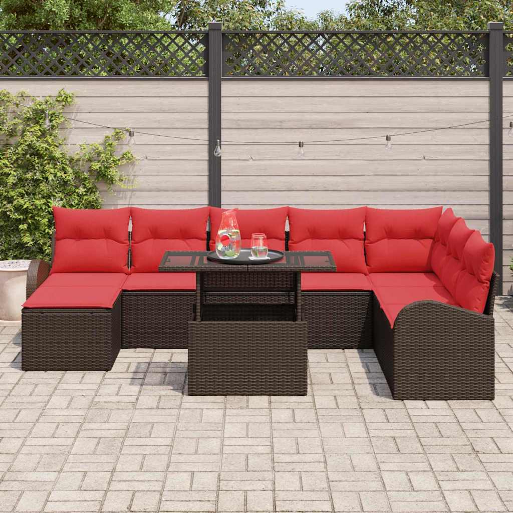 Garden Sofa Set 9 Pieces Brown and Red Poly Rattan