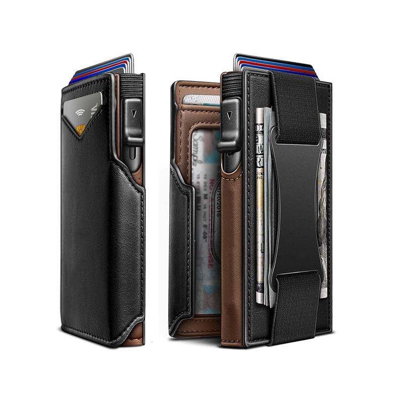 

Elastic band wallet card bag, contrasting color men s double-fold RFID wallet, large-capacity thin card holder.