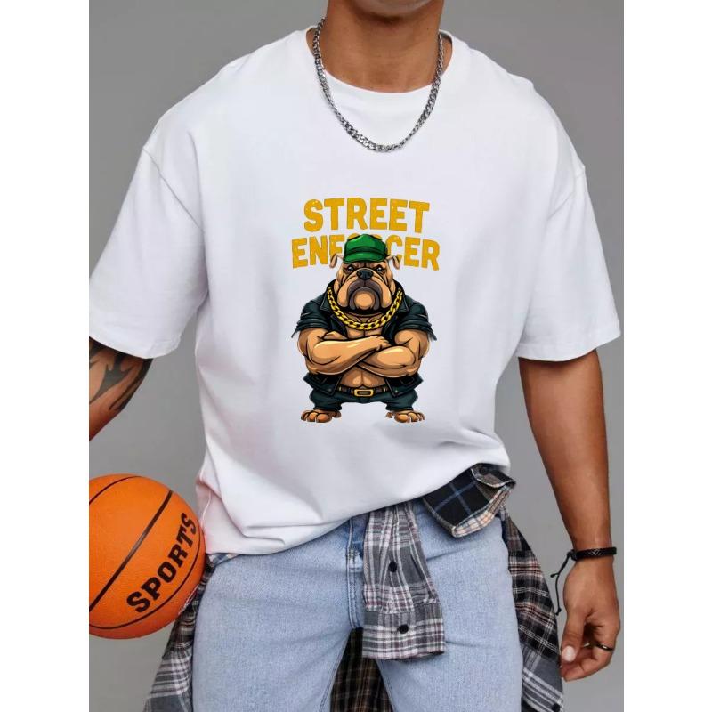 Street Enforcer Bulldog Graphic T Shirt White Cartoon Dog with Green Hat and Gold Chain Streetwear Style Urban Fashion for Casual Wear