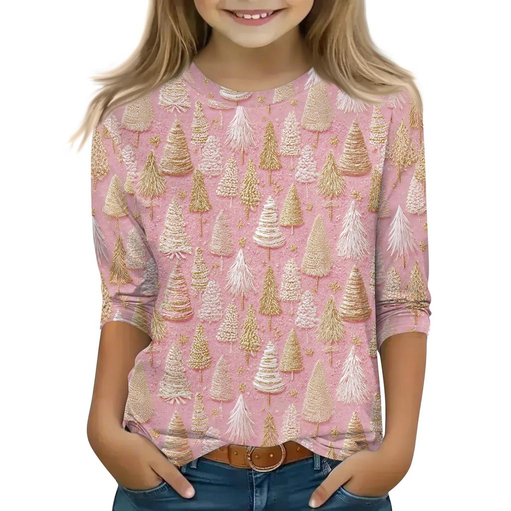 Children's 3/4 Sleeve Tops Casual Christmas Print T Shirt Round Neck Pullover Blouse