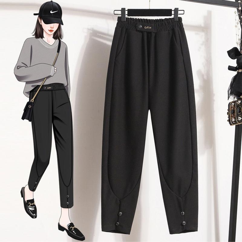 Plus Size Long Pants Women Elastic Loose High Waist Vintage Solid Cotton Loose Casual Female Basic Trousers Harem Pants Wide Leg Pants