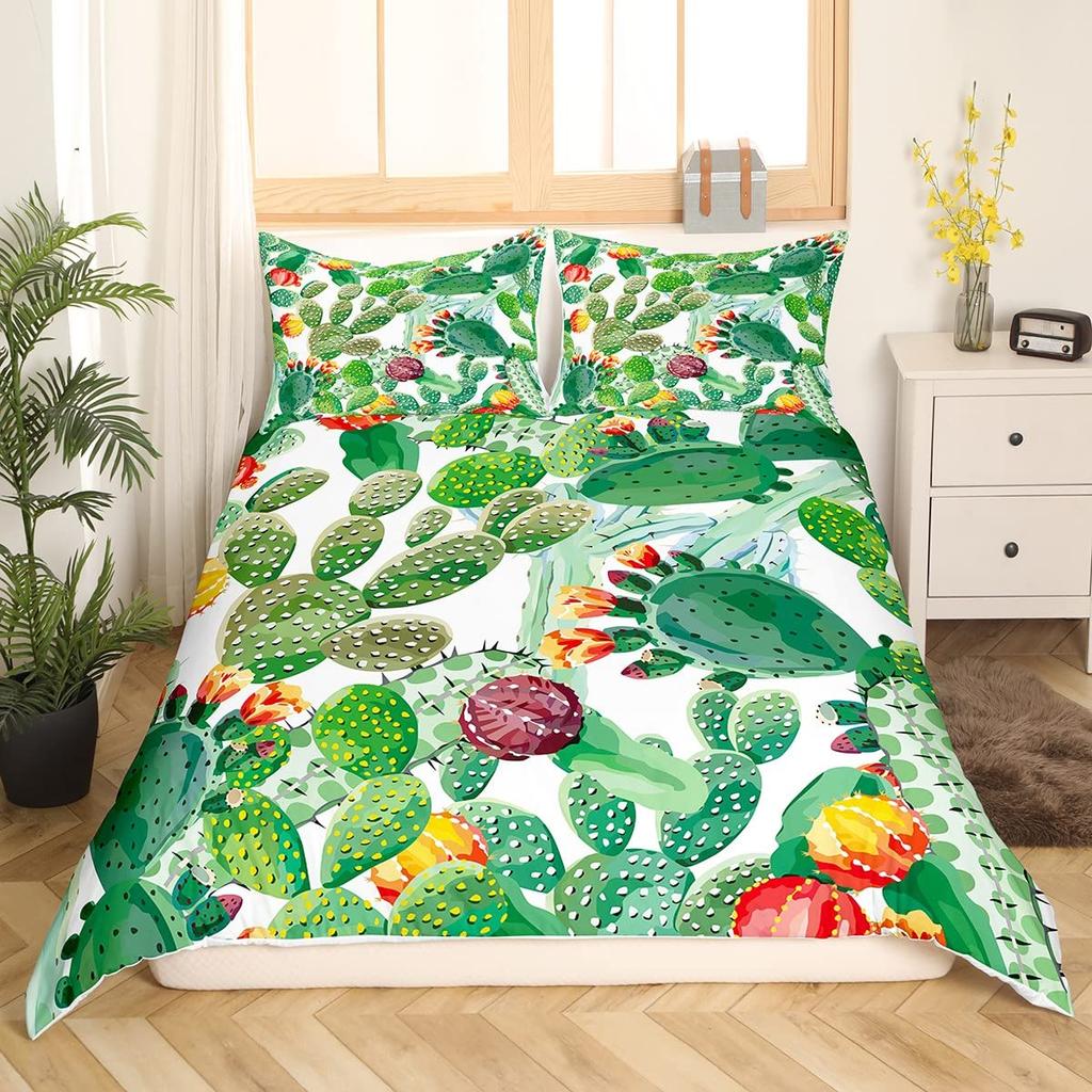 Tropical Botanical Bedding Set Bulbous Cactus Sketch Drawing Comforter Cover Cute Desert Plants Duvet Cover Flower Quilt Cover