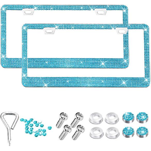 2PCS Bling Car License Plate Frame, Stainless Steel Rhinestone Vehicle License Plate Cover with Screws Caps, Sparkly Automotive Decoration