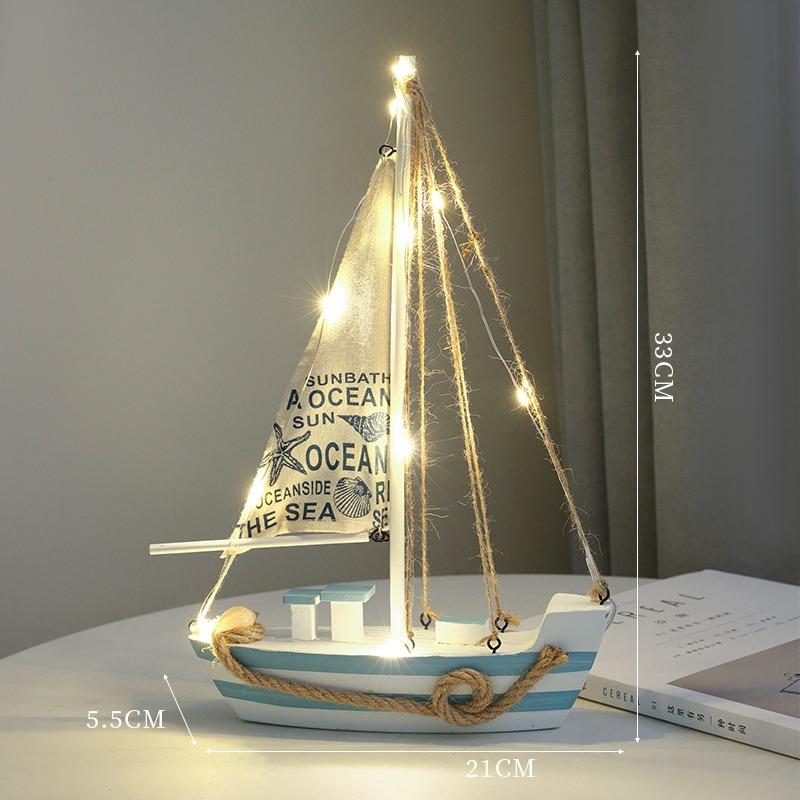 LED Wooden Sailboat Model, Nautical Mediterranean Style Home Decor, Coastal Sea Theme Tabletop Boat Ornament, Sailing Ship Gift