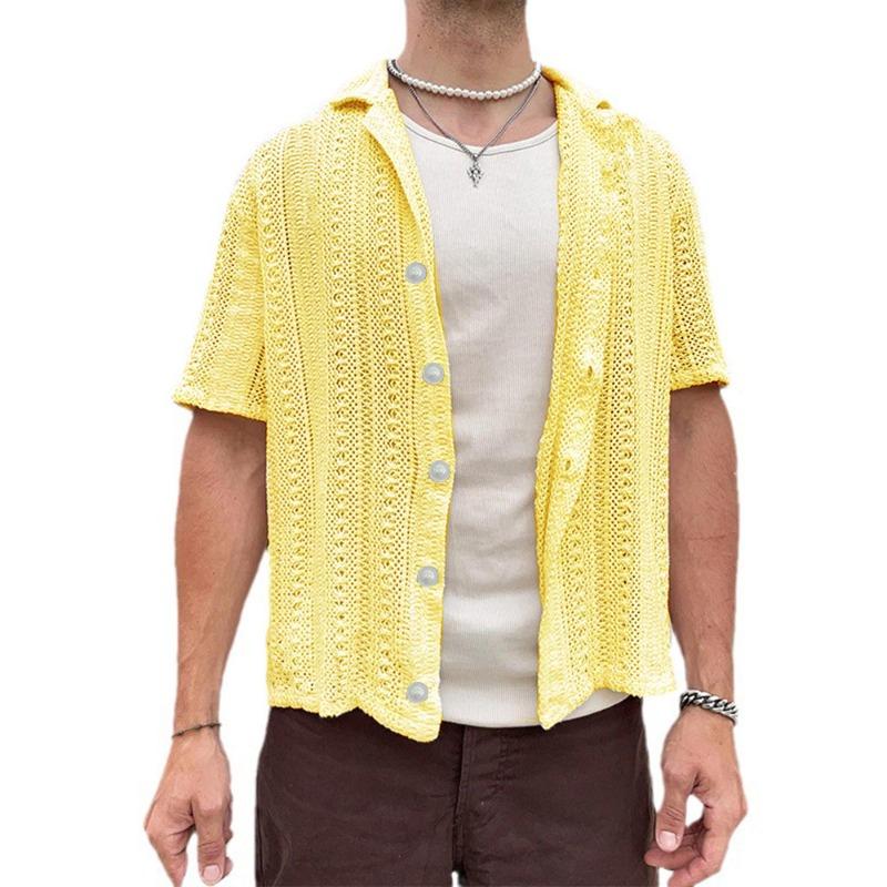 Men's Knit Short Sleeve Button Down Shirt Hollow Out Casual Top.