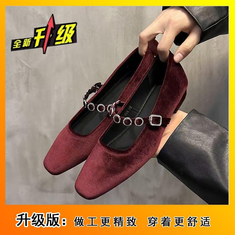 Retro Square Head with Rhinestone Shoes Thick Middle Heel Suede Mary Jane Shoes 2025 Heightened Autumn and Winter New Models