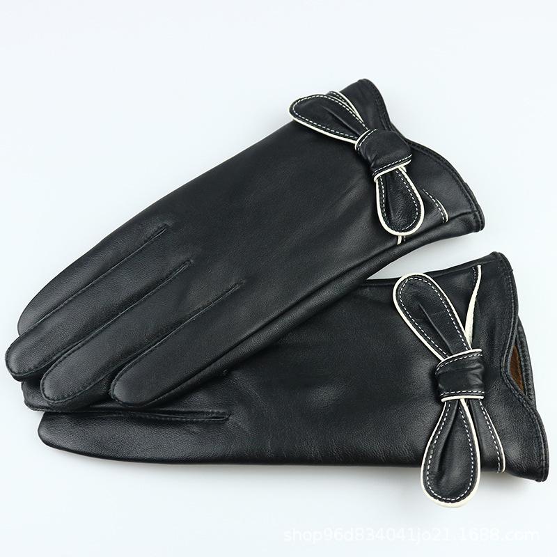 Leather gloves women's autumn and winter velvet thickened warm windproof waterproof cold riding driving sheepskin gloves