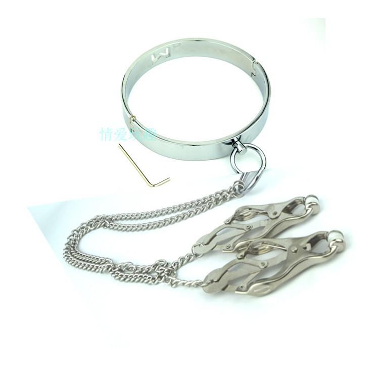 Metal Traction Collar with Nipple Clamps for BDSM Slave Training