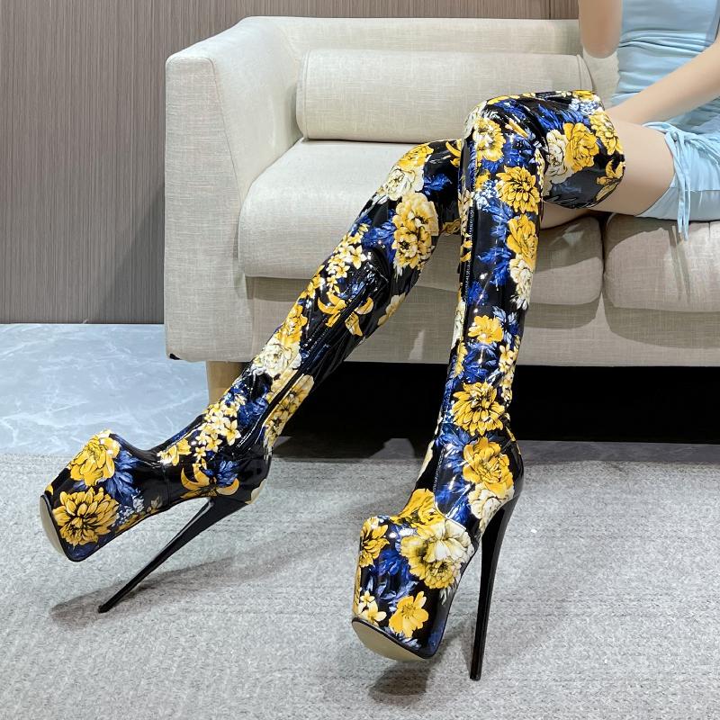 Sexy Flower Over the Knee Boots Female Platform Ultra 19cm High Heels Stripper Boots Women Nightclub Fetish Party Dance Shoes