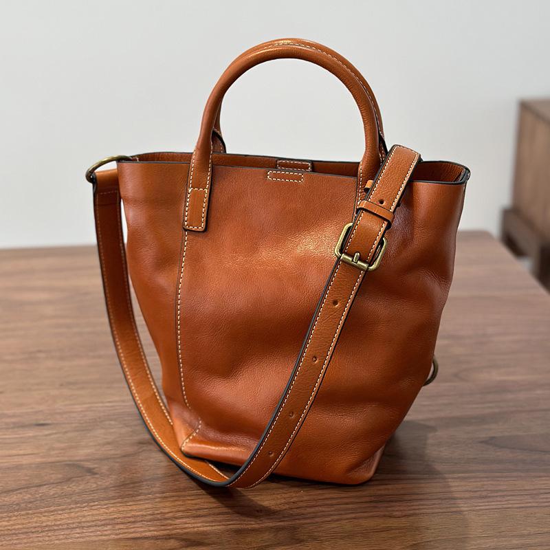 First layer leather simple leather mother and child bag retro casual bucket bag Korean version portable shoulder messenger bag cowhide