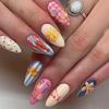 24PCS Colorful Almond Press on Nails Full Cover Sweet Shell Vortex Stars Patterns French False Nails Wearable Retro Manicure Art
