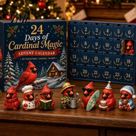 Christmas Desk Decor Red Bird Advent Calendar, 24 Unique Miniature Tree Hanging Ornaments Figurines, for Holiday Gifts Calendar Collectors