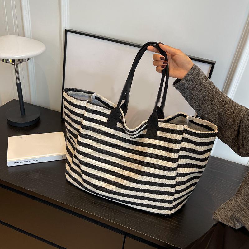 Trendy Simple Stripe Design Tote Bag For Girls Women Canvas Shoulder Bag Ladies Shopping Bags Handbags