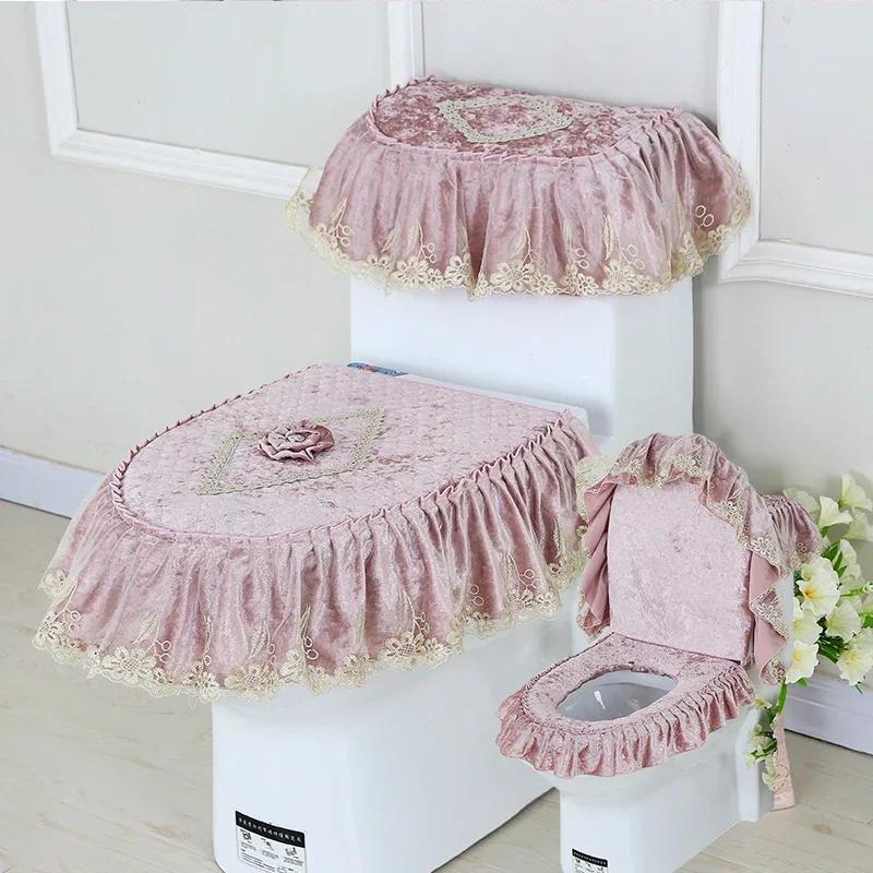 3PCS Velvet Skirt Style Toilet Mat Embroidered Lace Decorated Toilet Seat Mat Printed Dust Cover of Toilet Closestool