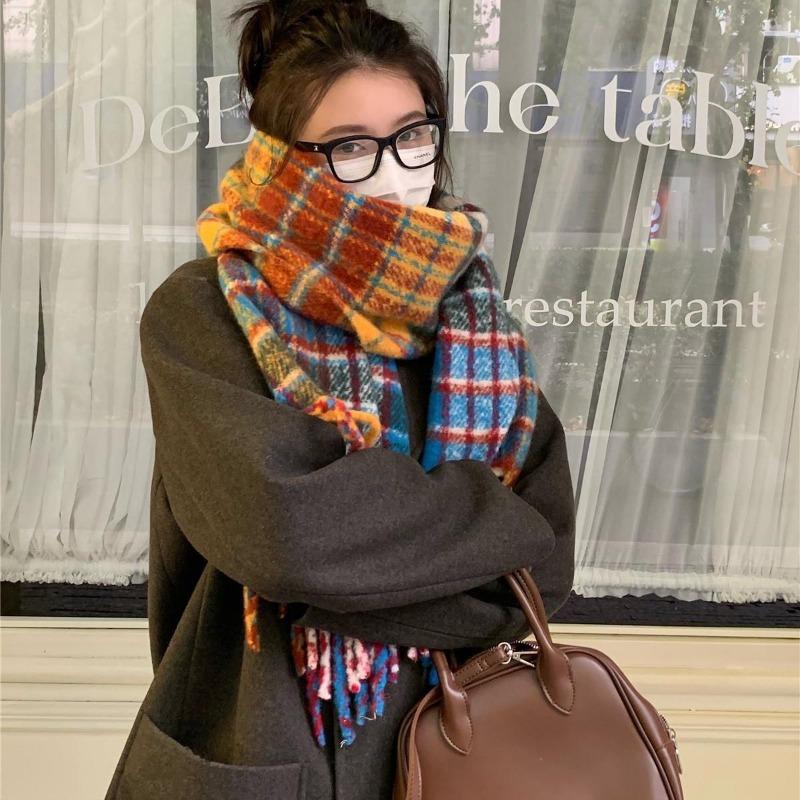 Autumn and winter rainbow plaid imitation cashmere scarf female student couple mohair warm scarf long shawl