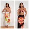 2026 European & American Printed Backless Bikini Three-Piece Set with Long Gauze Skirt