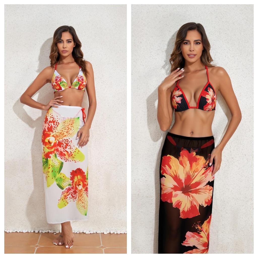 2026 European & American Printed Backless Bikini Three-Piece Set with Long Gauze Skirt