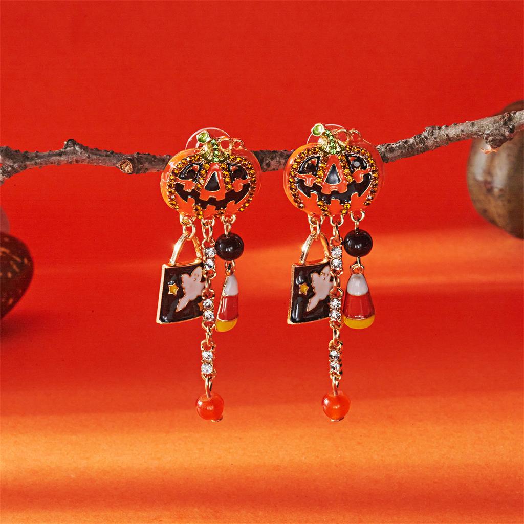 Halloween Pumpkin Earrings for Women Long Tassels Smiling Face Pumpkin Inlaid rhinestones Drop Earrings Halloween Jewelry