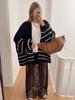 New autumn and winter sweater for women, loose contrasting stripes, reverse bone embroidery, knitted cardigan jacket for women 3583 KTB