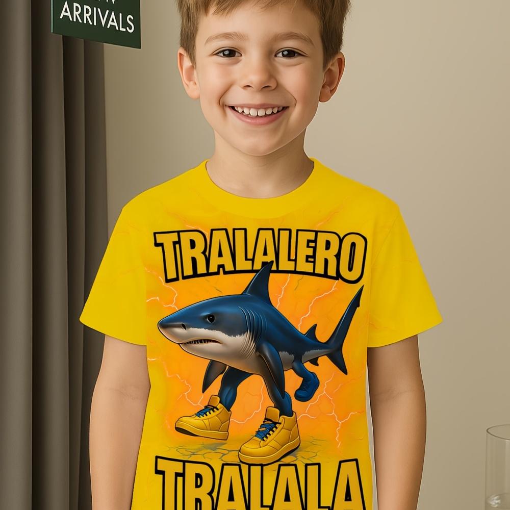 Summer hot selling children's T-shirt shark 3D printing design comfortable round neck short sleeved cartoon pattern children's T-shirt