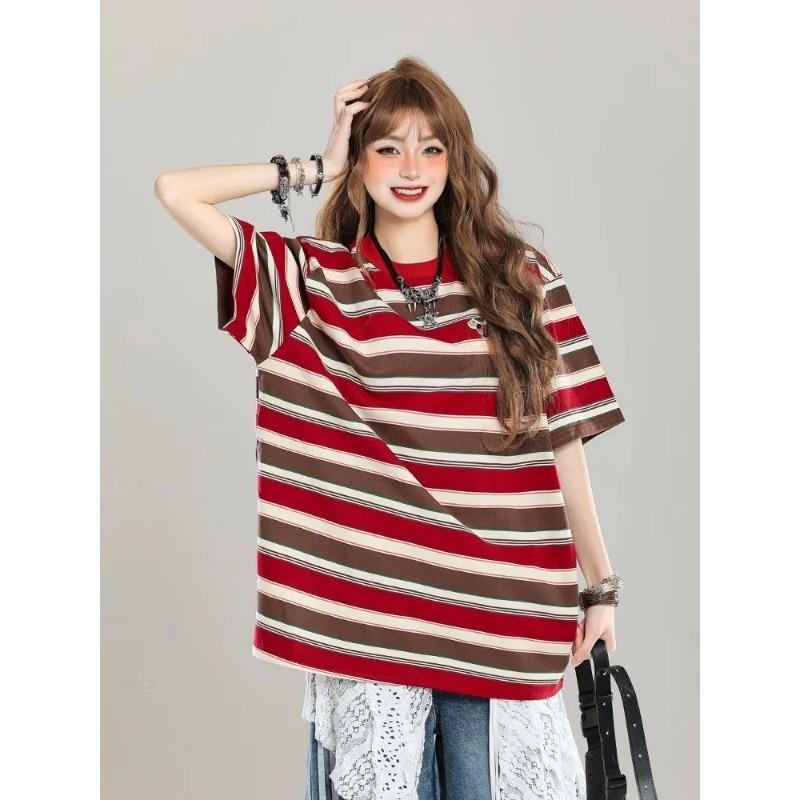 

American Dachshund Embroidered Striped Short-sleeved Women s Pure Cotton Loose Casual Versatile Round Neck Top L червоний