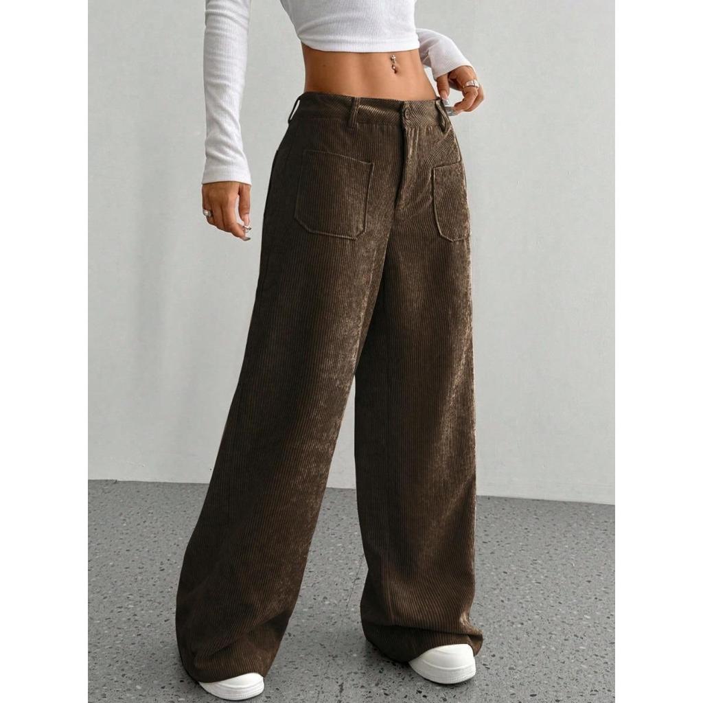 Corduroy-Textured Women's High-Waisted Wide-Leg Pants | Relaxed Fit, Side Pockets & All-Season Comfort, Machine Washable Beige Trousers