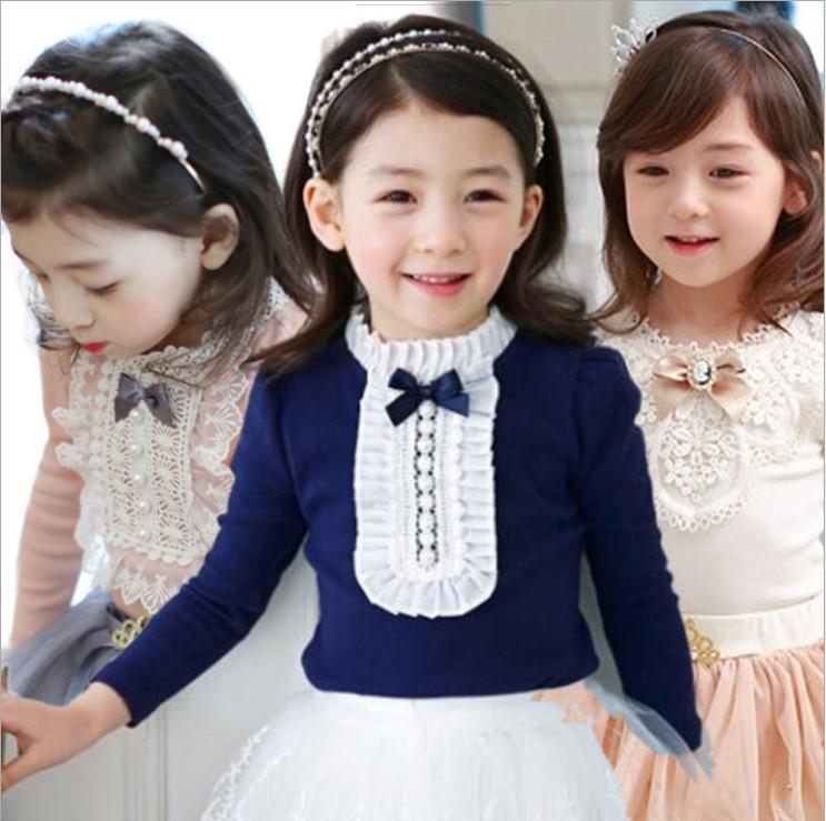 Girls' Korean-Style Lace Pearl Cotton Long-Sleeve T-Shirt for Spring and Autumn