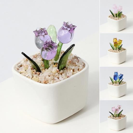 Handcraft Blown Glass Flower Figurine Mini Faux Crystal Tulip Bouquet In Pot for Women Mom Wedding Mother's Day Office Home Table Centerpiece