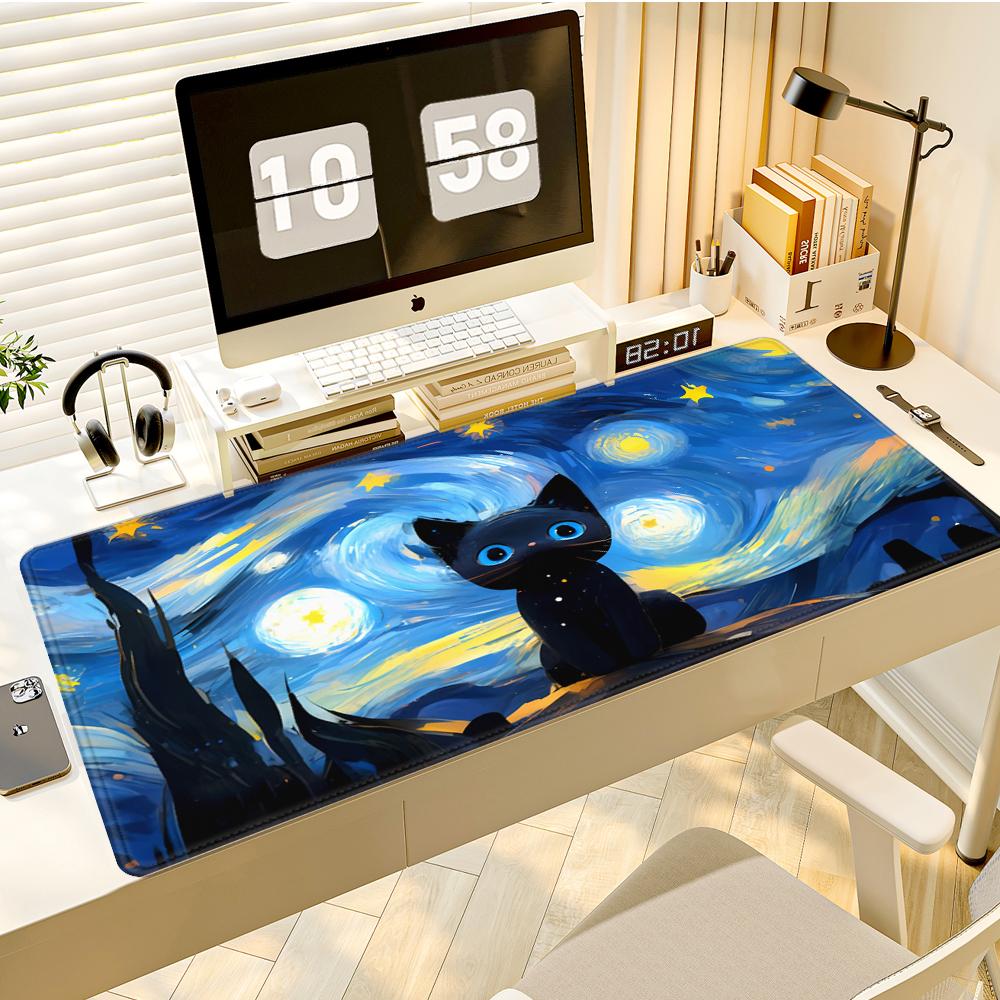 Gaming Mouse Pad Large Desk Mat Antislip Stitched Edges Cute Black Cat  Starry Night City Print Keyboard Mat for Gamers 300x800x2mm