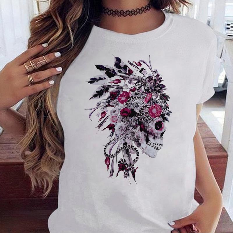 Fashion Skull Flower Print Women T Shirt Summer Casual Short Sleeve O Neck Women Tshirt