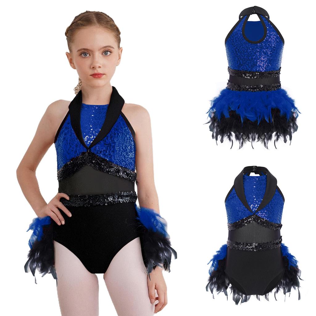 Children‘s Stage Performance Leotard Turn Down Collar Sleeveless Keyhole Back Sheer Mesh Waist Shiny Sequins Color Block with Feather Accents