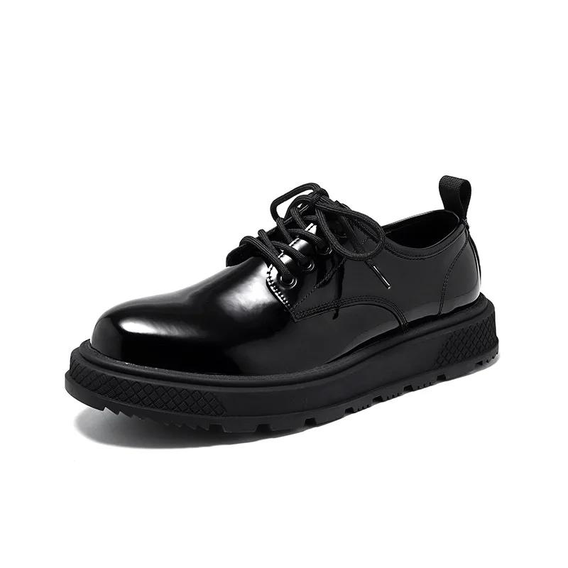 Fashion Black British Style Thick Bottom Round Toe Patent Leather Shoes Work Shoes Handmade Casual Formal Oxford Shoes Lace Up Men Shoes