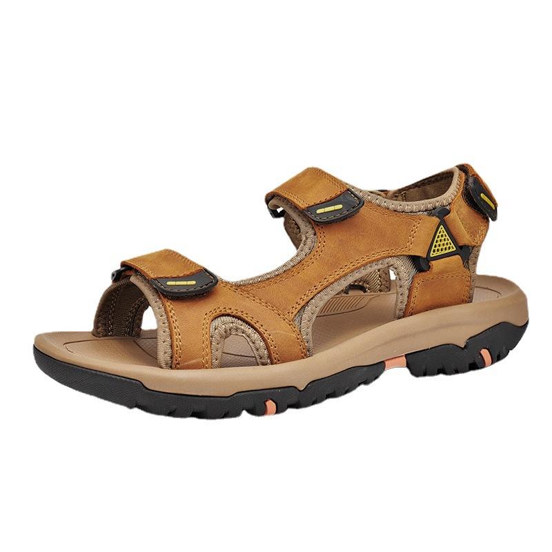Men's Leather Summer Outdoor Sports Sandals Soft Bottom Outdoor Breathable New Tide plus Size Velcro Beach Shoes