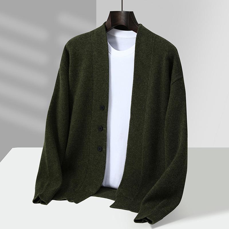 Men's 100% Pure Wool Thick Solid Cardigan Sweater, Plus Size Casual Knitwear Jacket