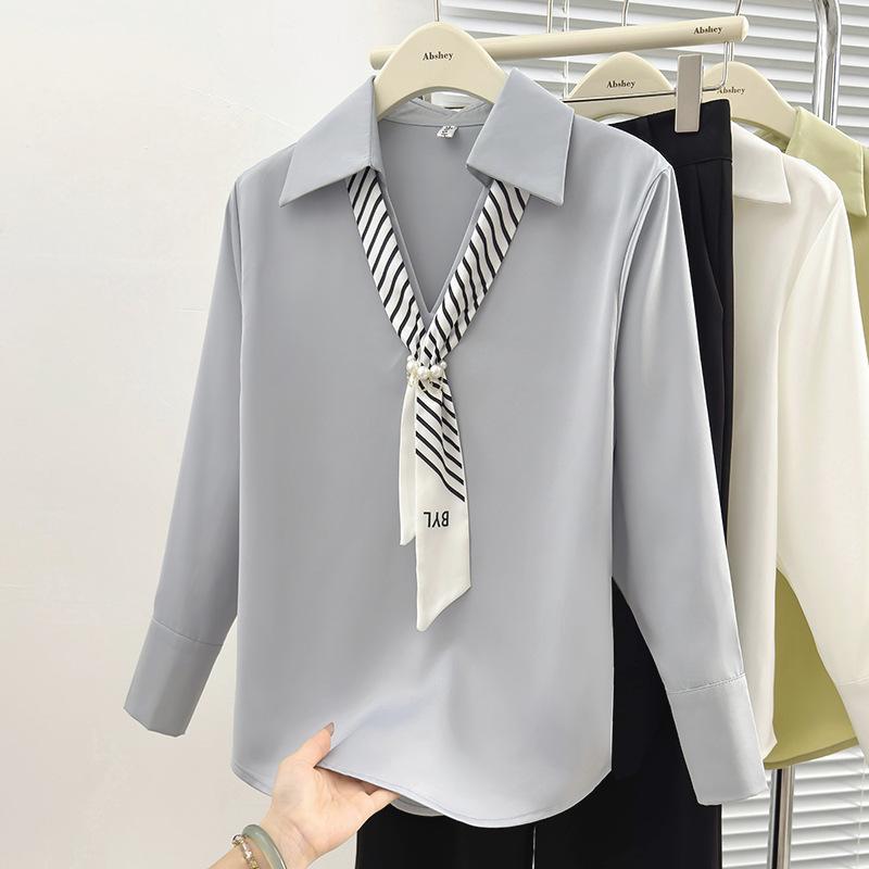 French Ribbon Satin Long Sleeve Women s Shirt - 2026 Spring Professional Style 2XL серый/синий