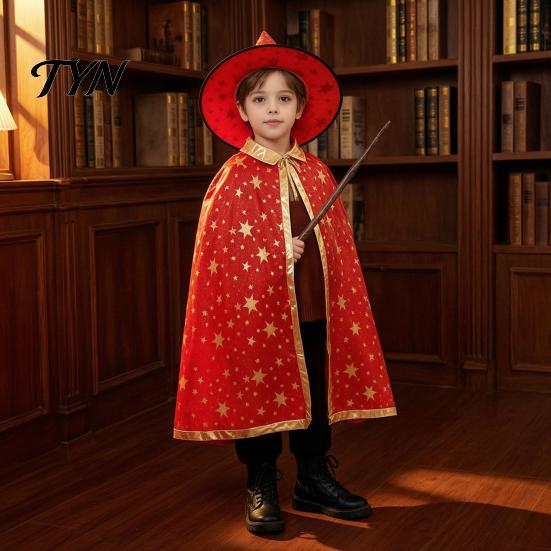 Dreamy Gold Edge Witch Costume Kids Wizard Cloak with Hat for Boys Girls, Halloween Kindergarten Activities Cape Prop Party Cosplay