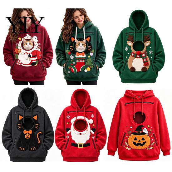 Portable Pet Carrier Apparel Unisex Pouch Christmas Hoodie, Cute Dog Cat Hooded Sweatshirt with Animal Carrying Hoodie Graphic, Cozy Fleece