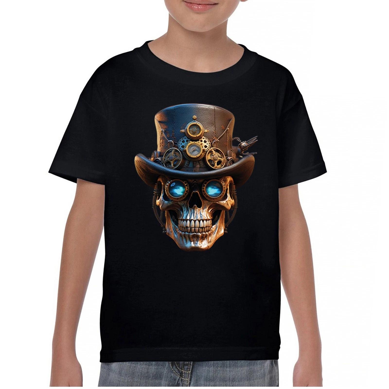 Steampunk Skull Youth kids boys T-Shirt Victorian Retro Futurism Gear Halloween Kids 120