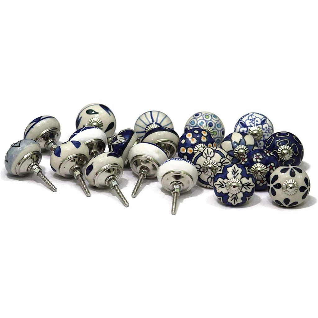 Ceramic Vintage Assorted Blue Pottery Drawer, Door Knobs and Pulls Handle for Kitchen Cabinets Home Interior  (10, Blue) - Pack of 10