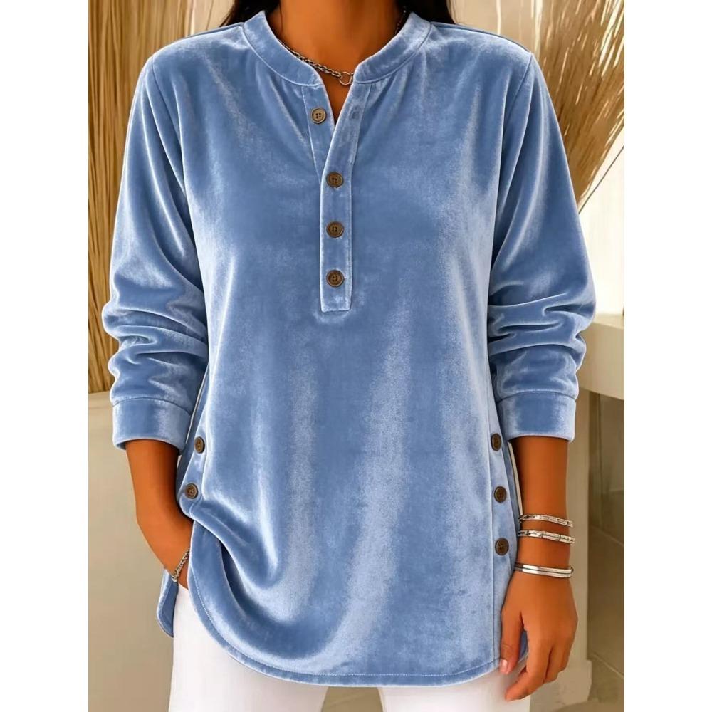 Autumn Winter New Women's Gold Velvet Top Casual Loose V-Neck Button Long Sleeve T-Shirt Velour Tee
