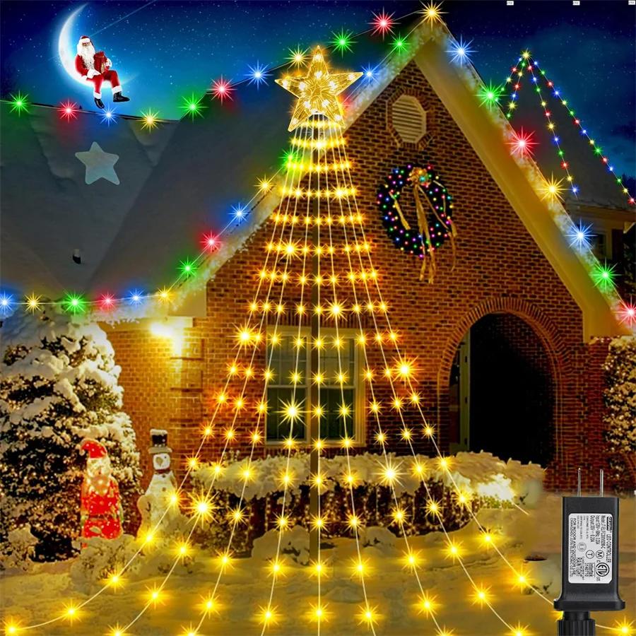 9X3M Outdoor Christmas Star String Light 288LED Lighted Waterfall Tree Hanging Garland Light with Topper Star Fairy Light